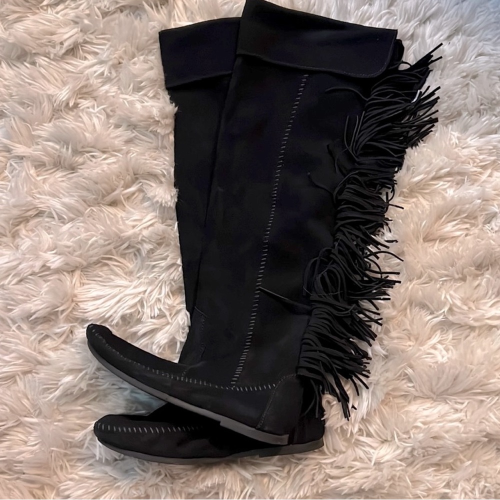 Minnetonka black suede vintage style hippie boho festive tall boots with fringe